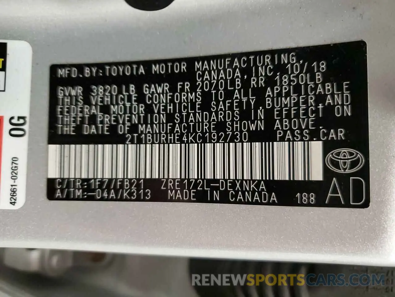 13 Фотография поврежденного автомобиля 2T1BURHE4KC192730 TOYOTA COROLLA 2019