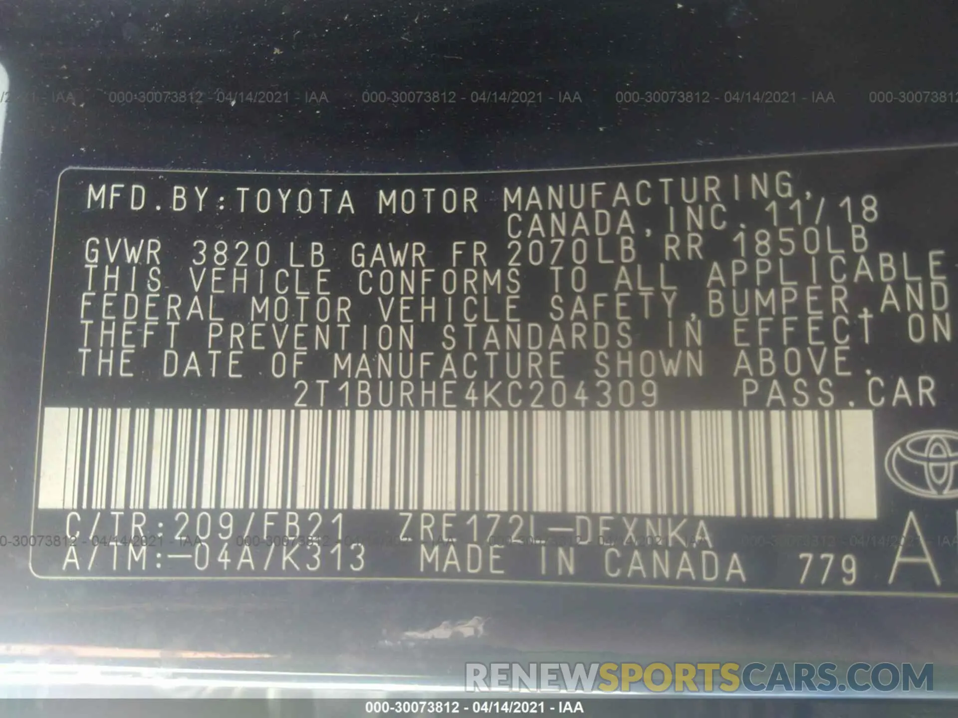 9 Photograph of a damaged car 2T1BURHE4KC204309 TOYOTA COROLLA 2019