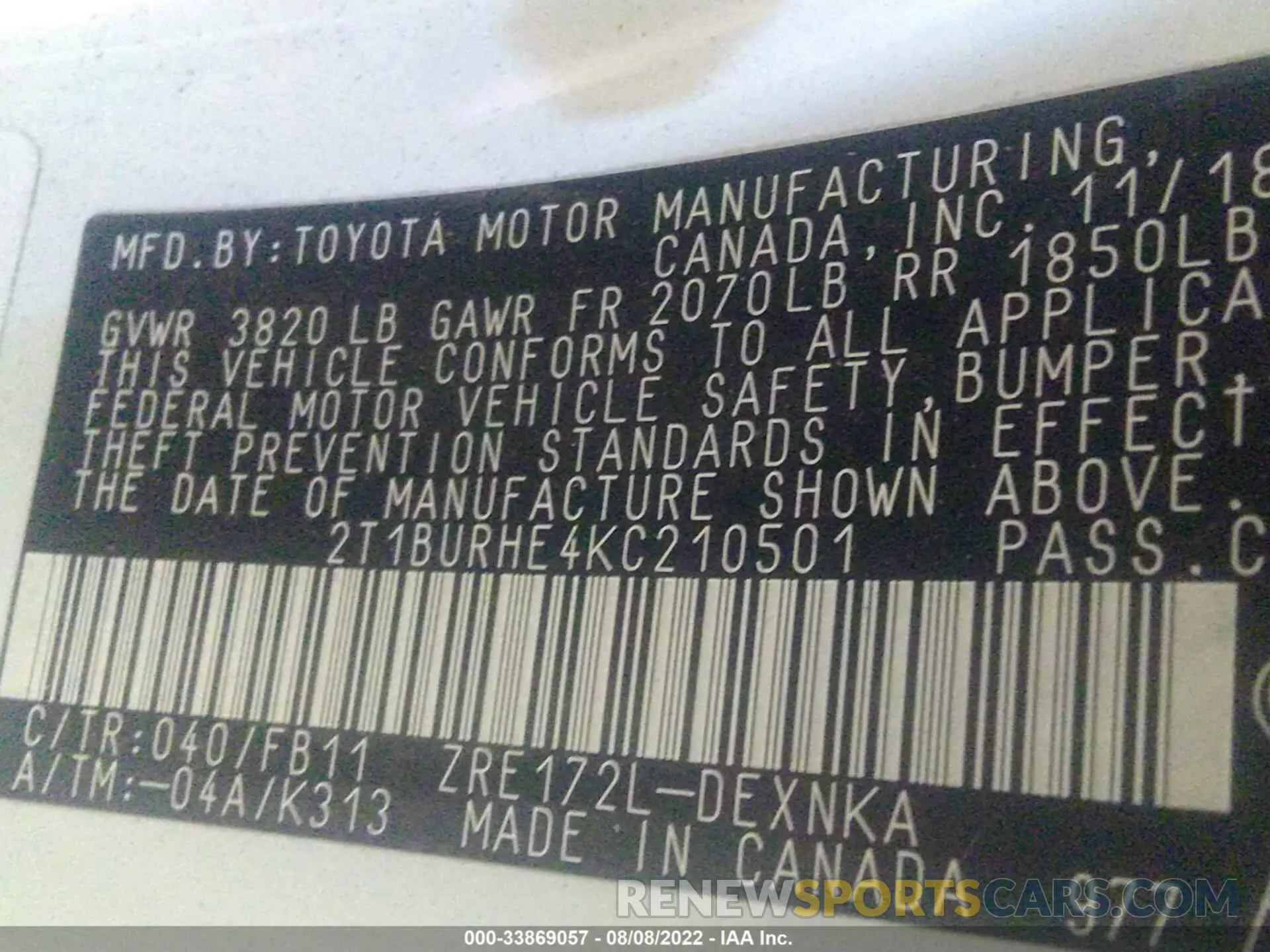 9 Фотография поврежденного автомобиля 2T1BURHE4KC210501 TOYOTA COROLLA 2019