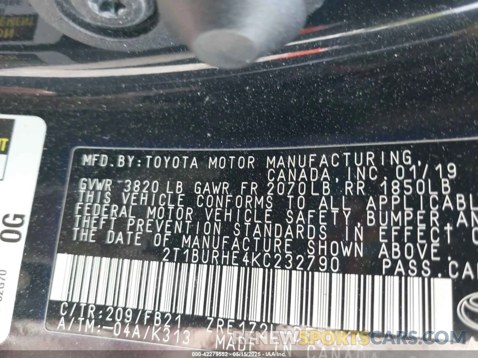 9 Photograph of a damaged car 2T1BURHE4KC232790 TOYOTA COROLLA 2019
