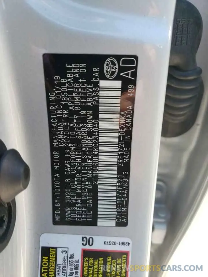 10 Фотография поврежденного автомобиля 2T1BURHE4KC234040 TOYOTA COROLLA 2019