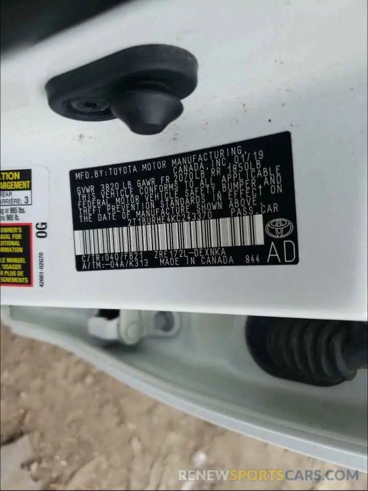 10 Photograph of a damaged car 2T1BURHE4KC243370 TOYOTA COROLLA 2019