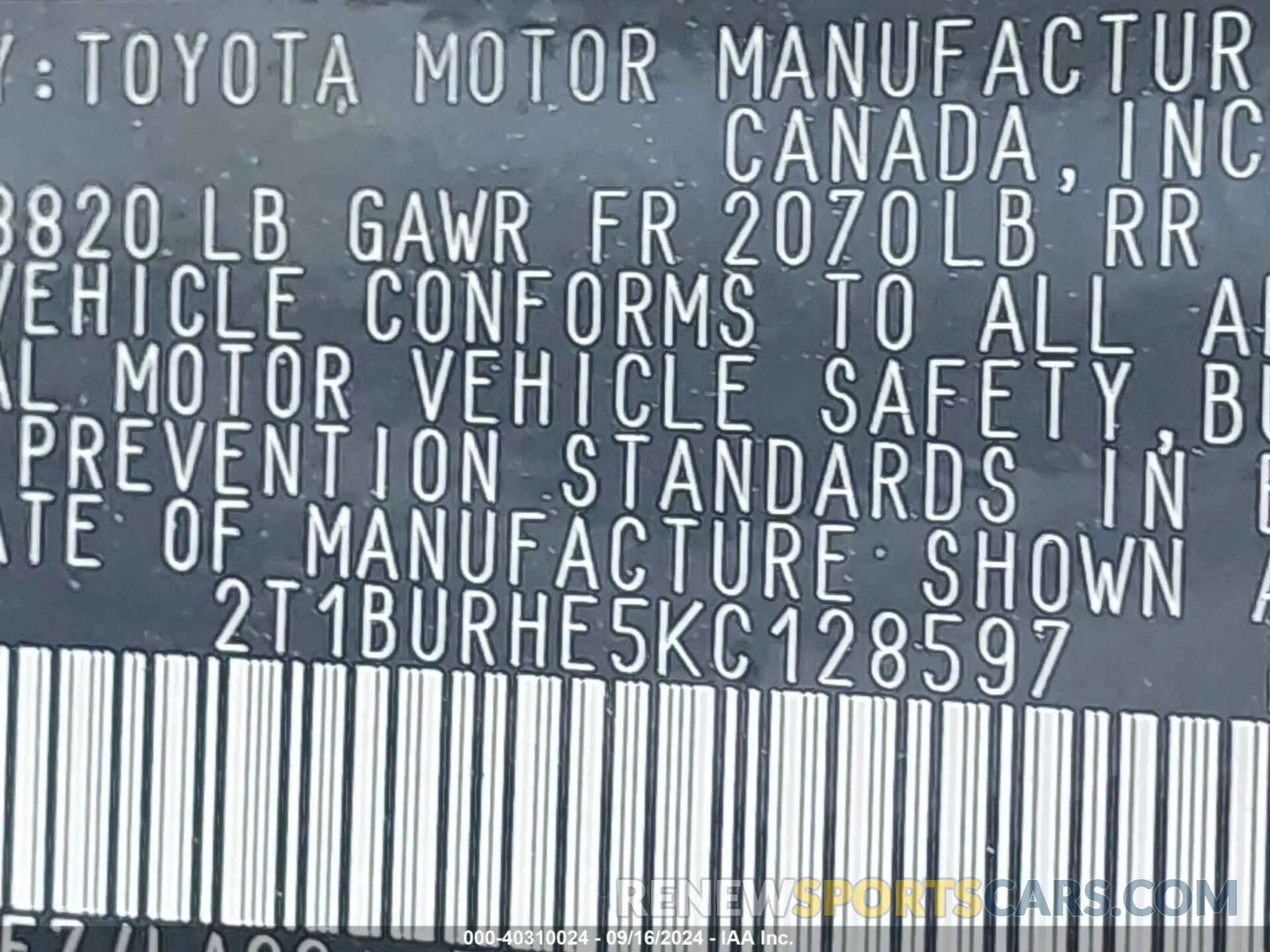 9 Photograph of a damaged car 2T1BURHE5KC128597 TOYOTA COROLLA 2019