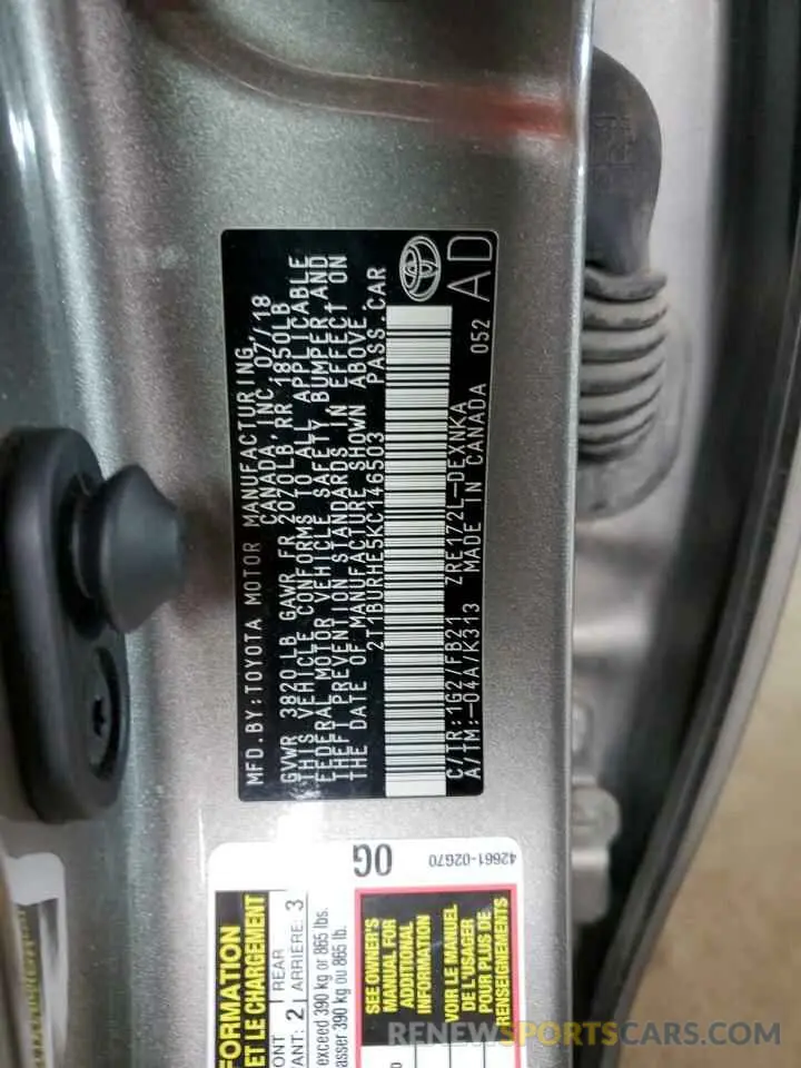 12 Фотография поврежденного автомобиля 2T1BURHE5KC146503 TOYOTA COROLLA 2019