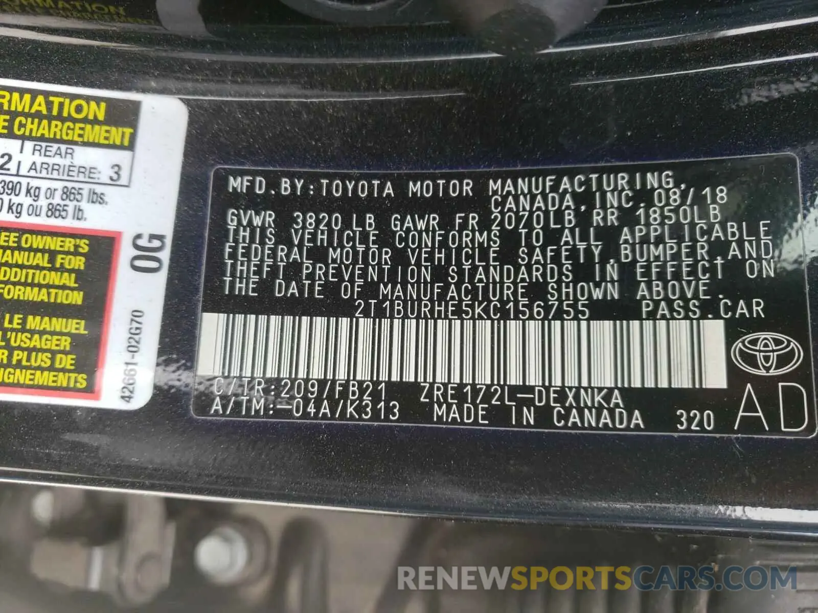 10 Photograph of a damaged car 2T1BURHE5KC156755 TOYOTA COROLLA 2019
