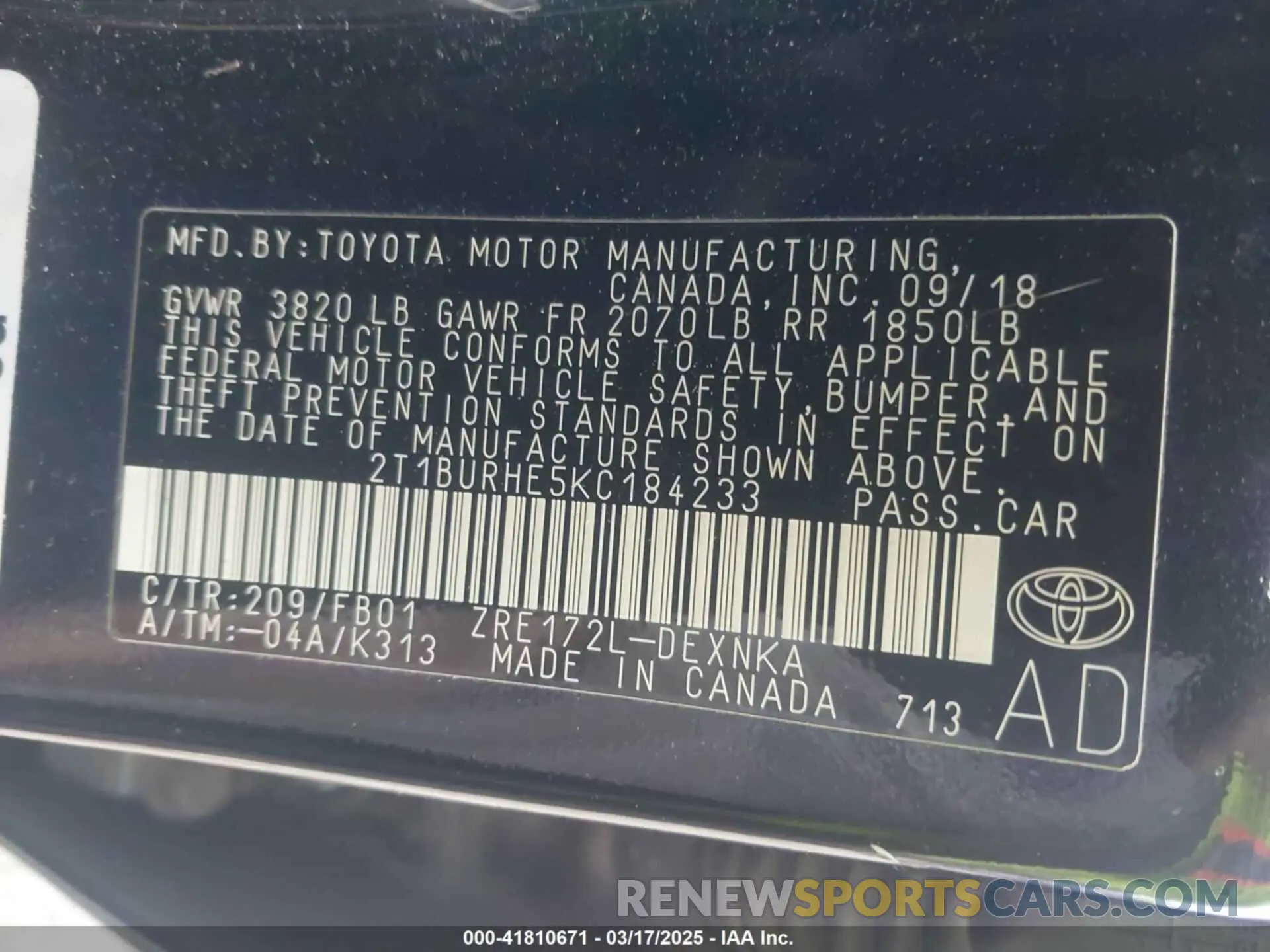 9 Photograph of a damaged car 2T1BURHE5KC184233 TOYOTA COROLLA 2019