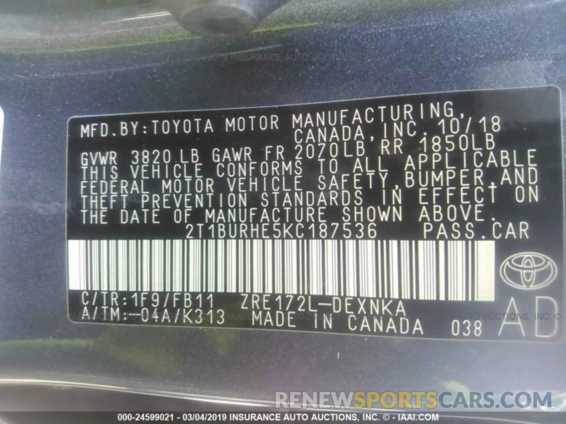 9 Photograph of a damaged car 2T1BURHE5KC187536 TOYOTA COROLLA 2019