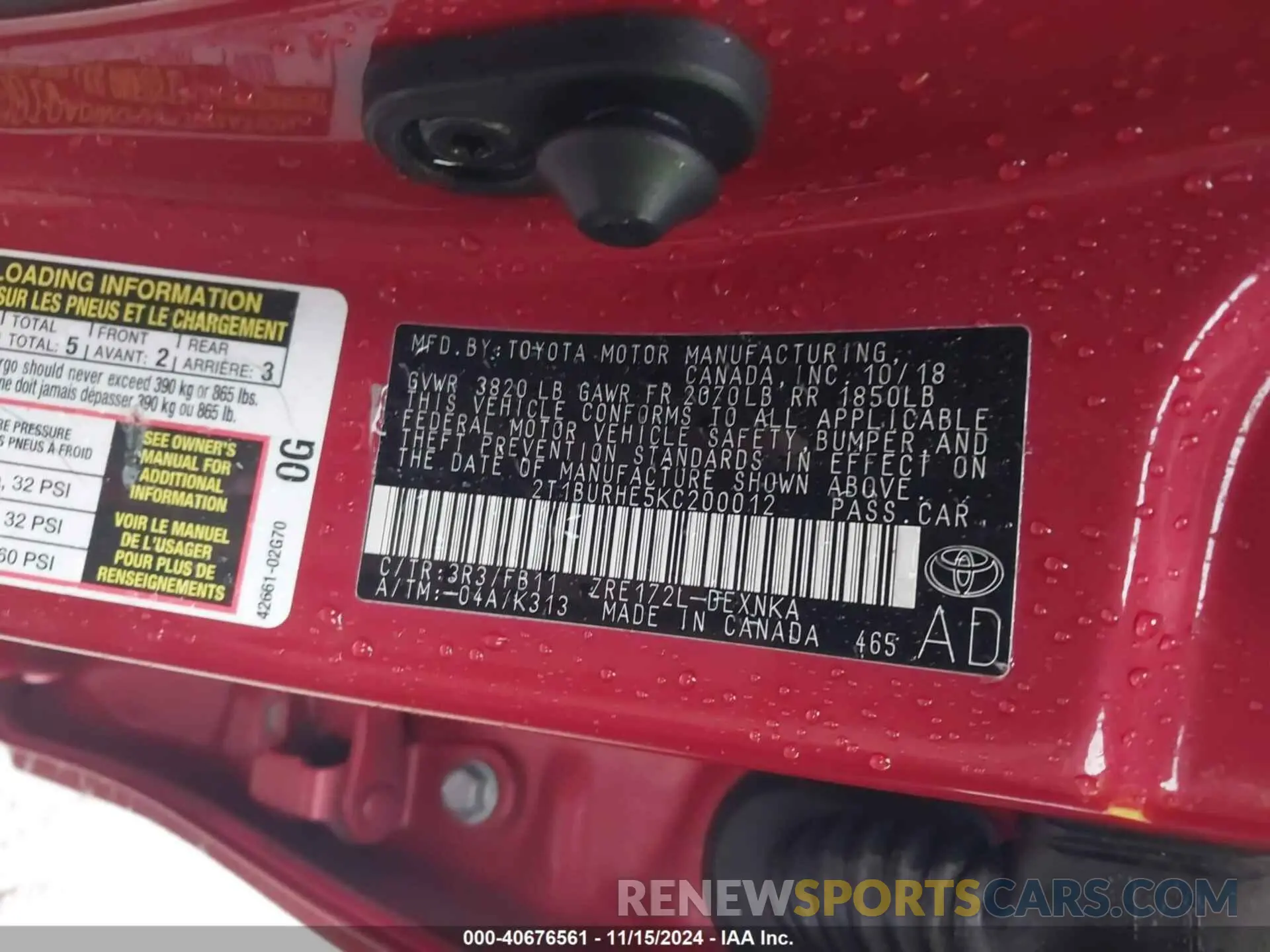 9 Photograph of a damaged car 2T1BURHE5KC200012 TOYOTA COROLLA 2019