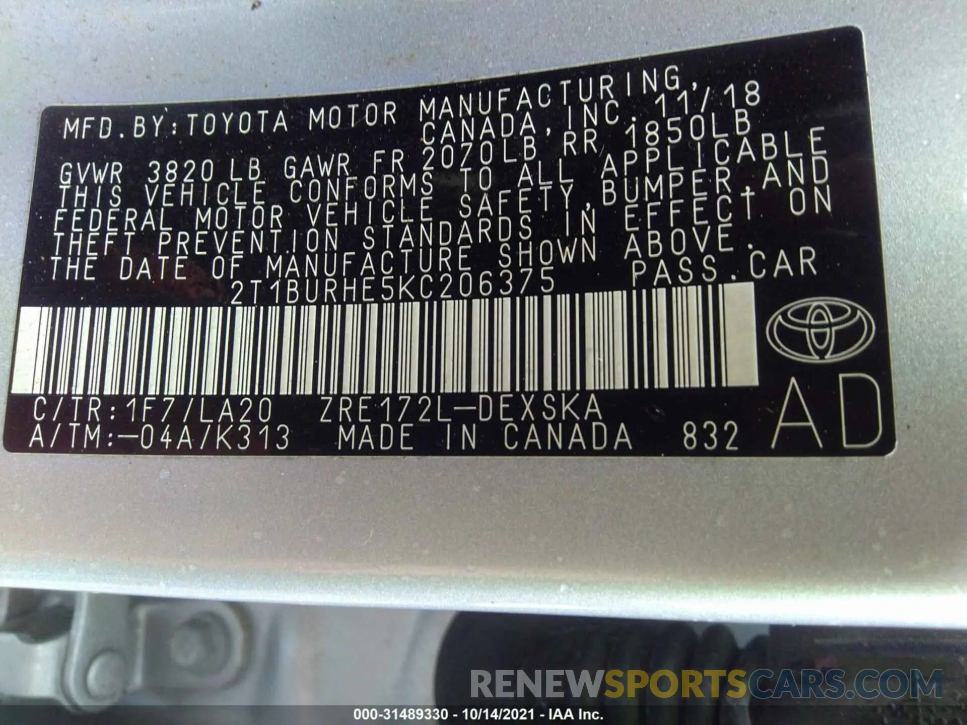 9 Photograph of a damaged car 2T1BURHE5KC206375 TOYOTA COROLLA 2019