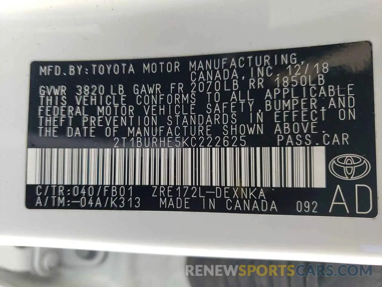 10 Photograph of a damaged car 2T1BURHE5KC222625 TOYOTA COROLLA 2019