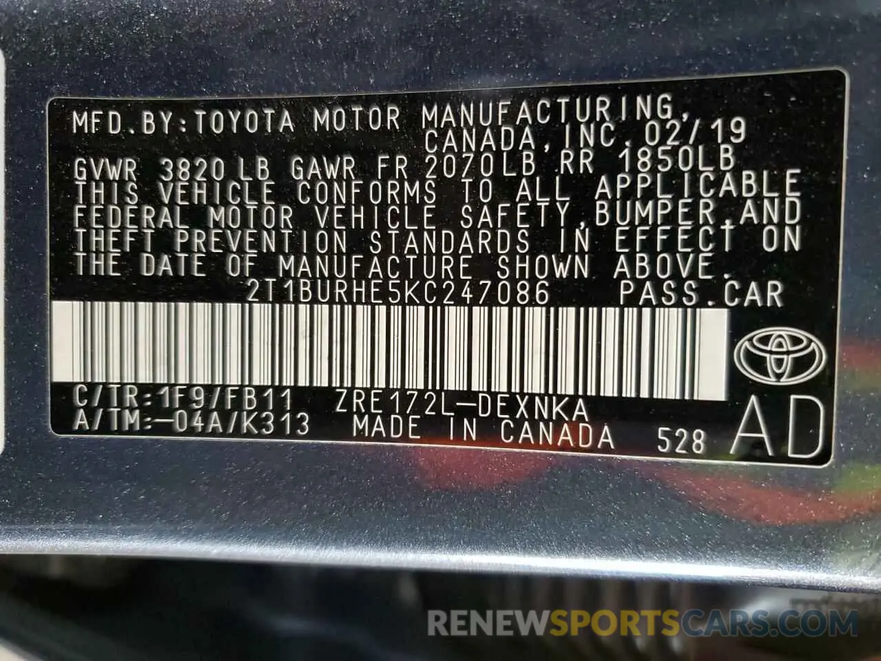 12 Фотография поврежденного автомобиля 2T1BURHE5KC247086 TOYOTA COROLLA 2019