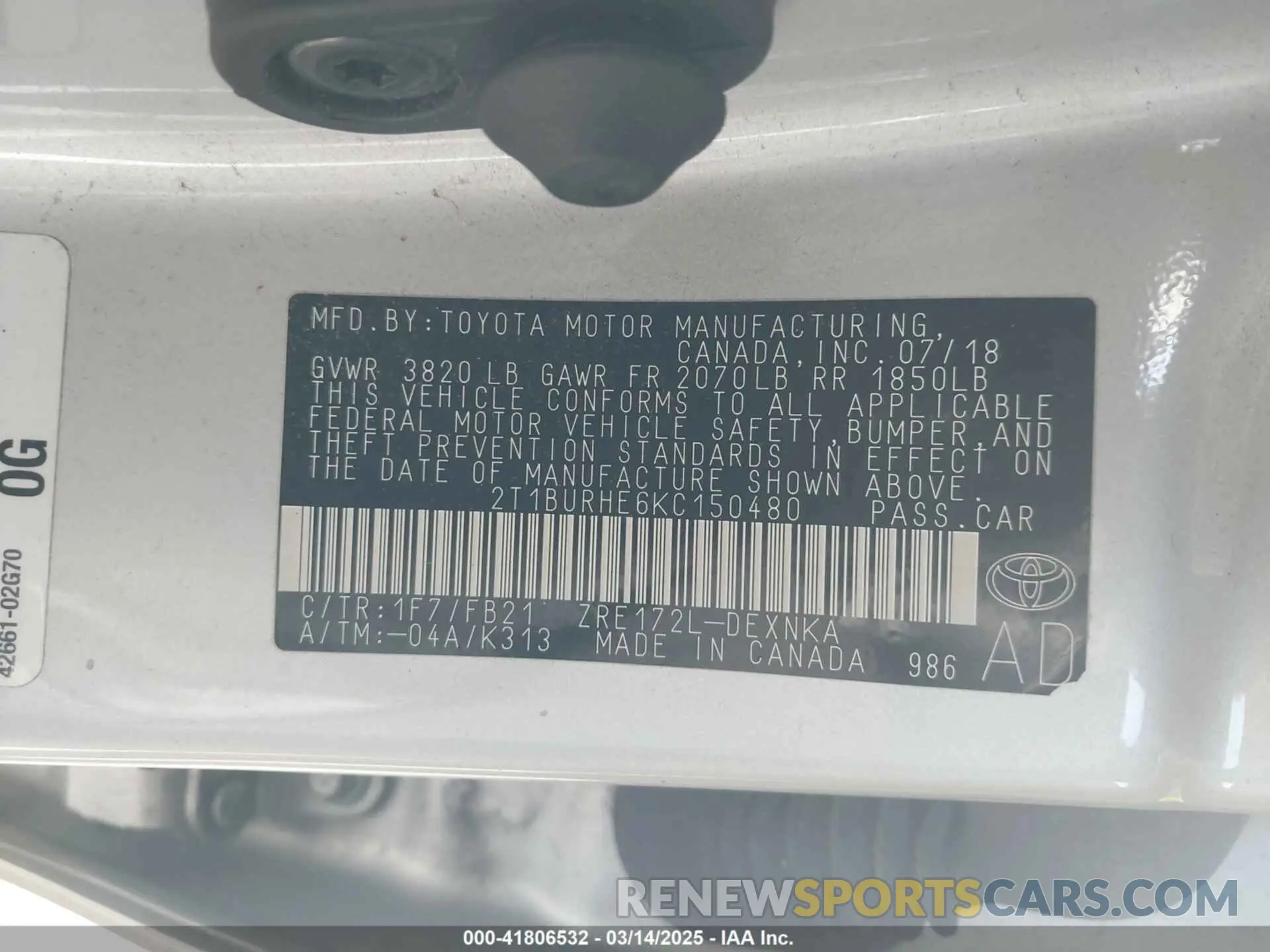 9 Фотография поврежденного автомобиля 2T1BURHE6KC150480 TOYOTA COROLLA 2019