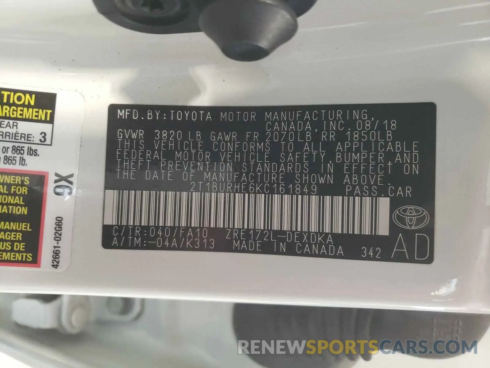 10 Photograph of a damaged car 2T1BURHE6KC161849 TOYOTA COROLLA 2019