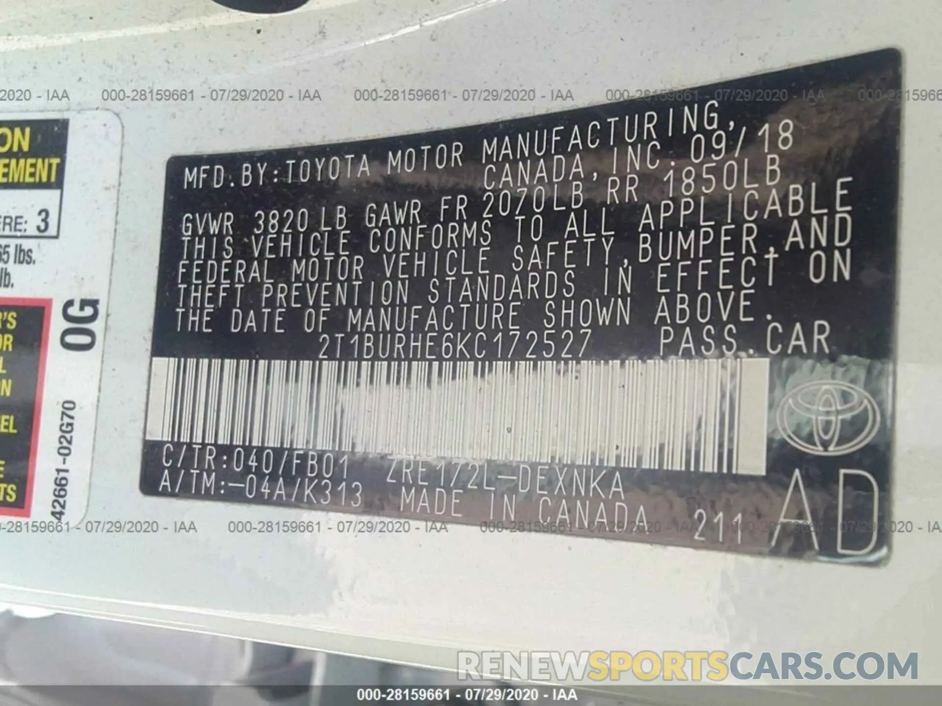 9 Photograph of a damaged car 2T1BURHE6KC172527 TOYOTA COROLLA 2019