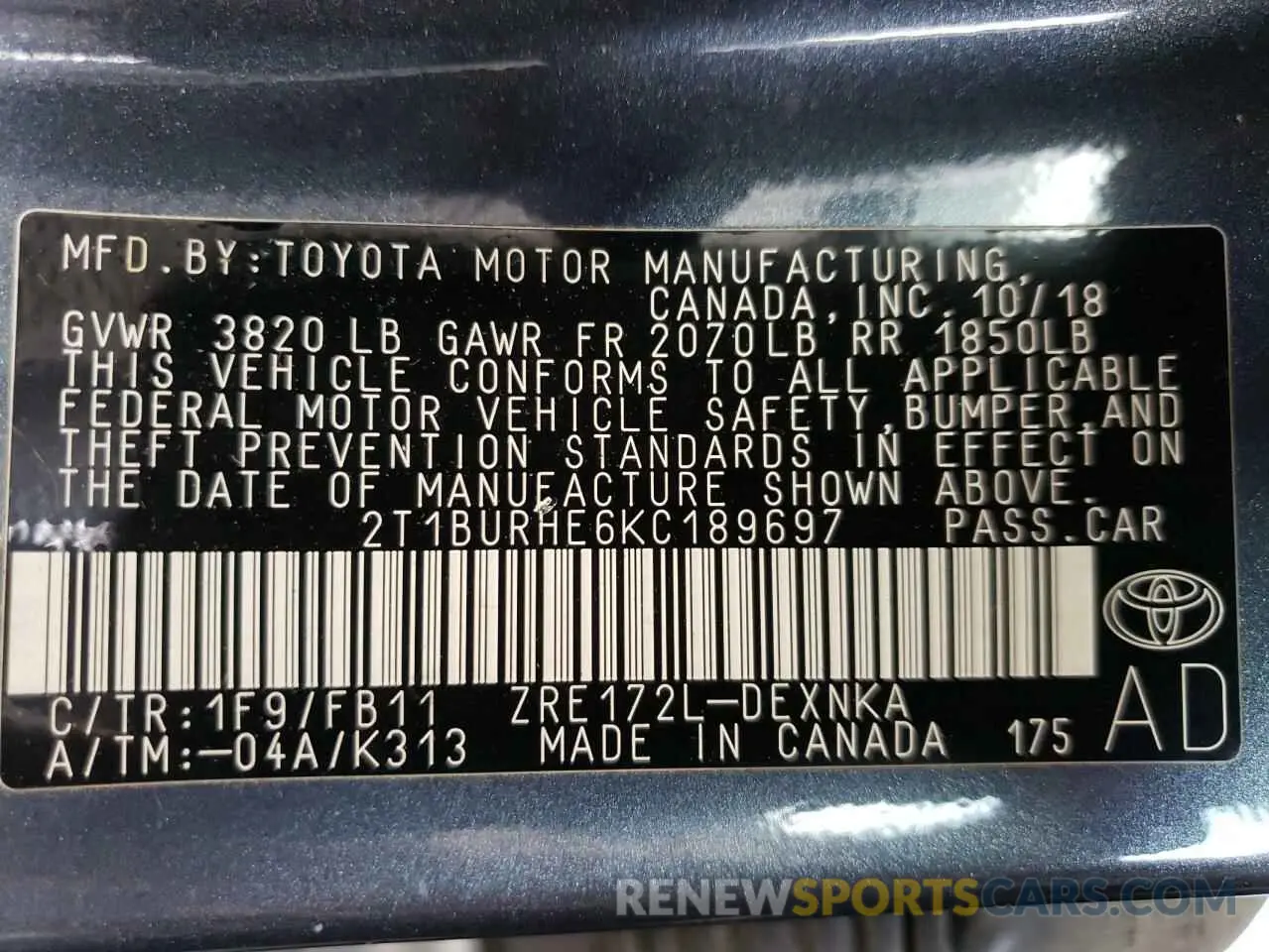 12 Photograph of a damaged car 2T1BURHE6KC189697 TOYOTA COROLLA 2019