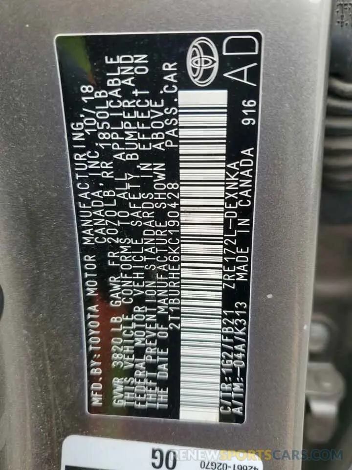 13 Photograph of a damaged car 2T1BURHE6KC190428 TOYOTA COROLLA 2019