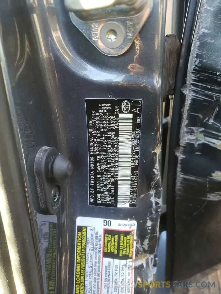 10 Photograph of a damaged car 2T1BURHE6KC202612 TOYOTA COROLLA 2019