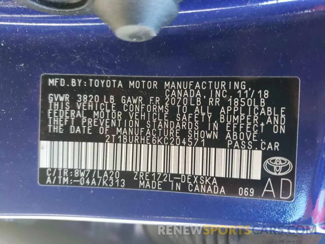 10 Photograph of a damaged car 2T1BURHE6KC204571 TOYOTA COROLLA 2019