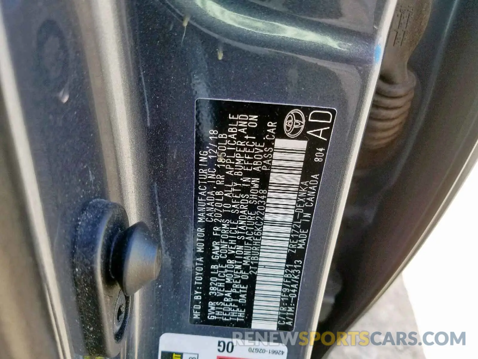 10 Photograph of a damaged car 2T1BURHE6KC220348 TOYOTA COROLLA 2019