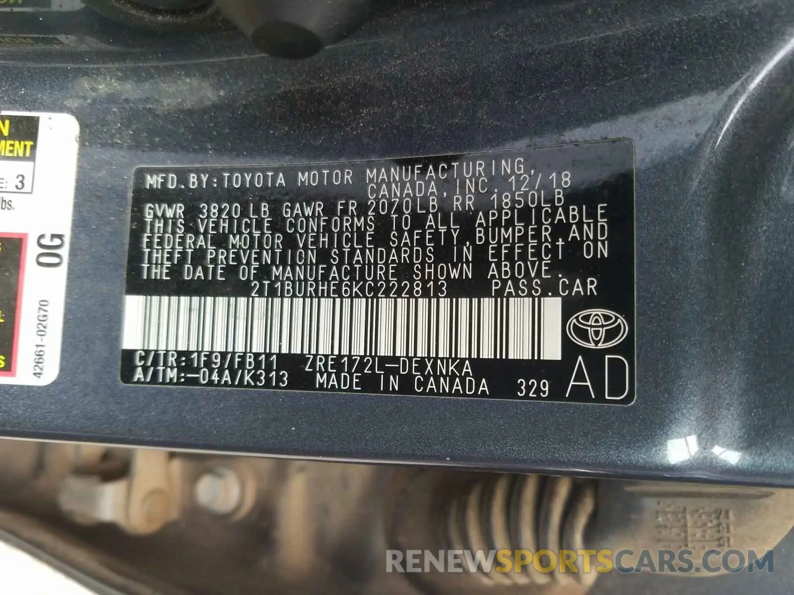 10 Photograph of a damaged car 2T1BURHE6KC222813 TOYOTA COROLLA 2019