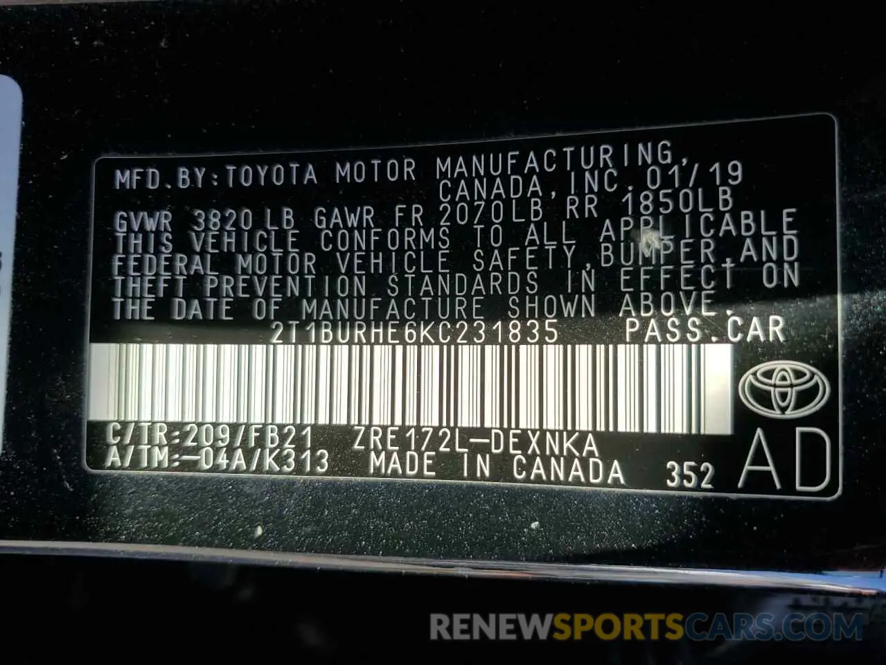 12 Фотография поврежденного автомобиля 2T1BURHE6KC231835 TOYOTA COROLLA 2019