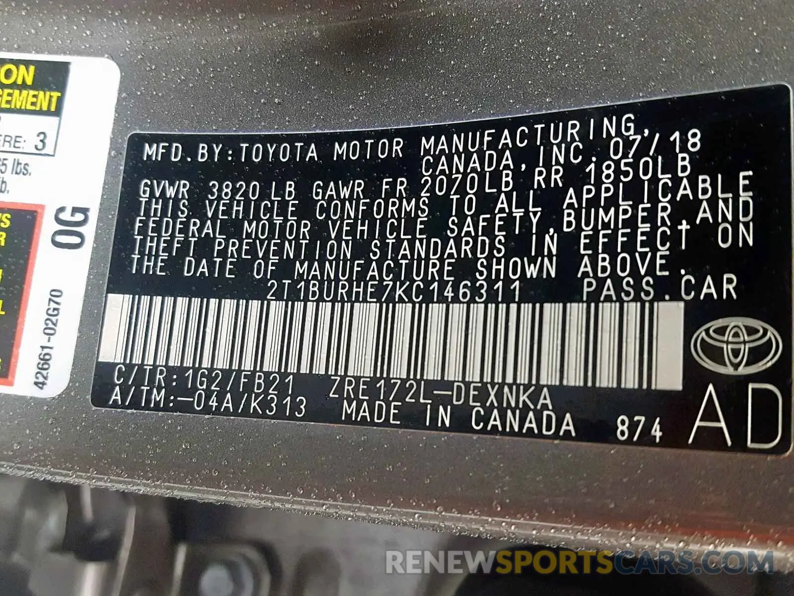 10 Photograph of a damaged car 2T1BURHE7KC146311 TOYOTA COROLLA 2019
