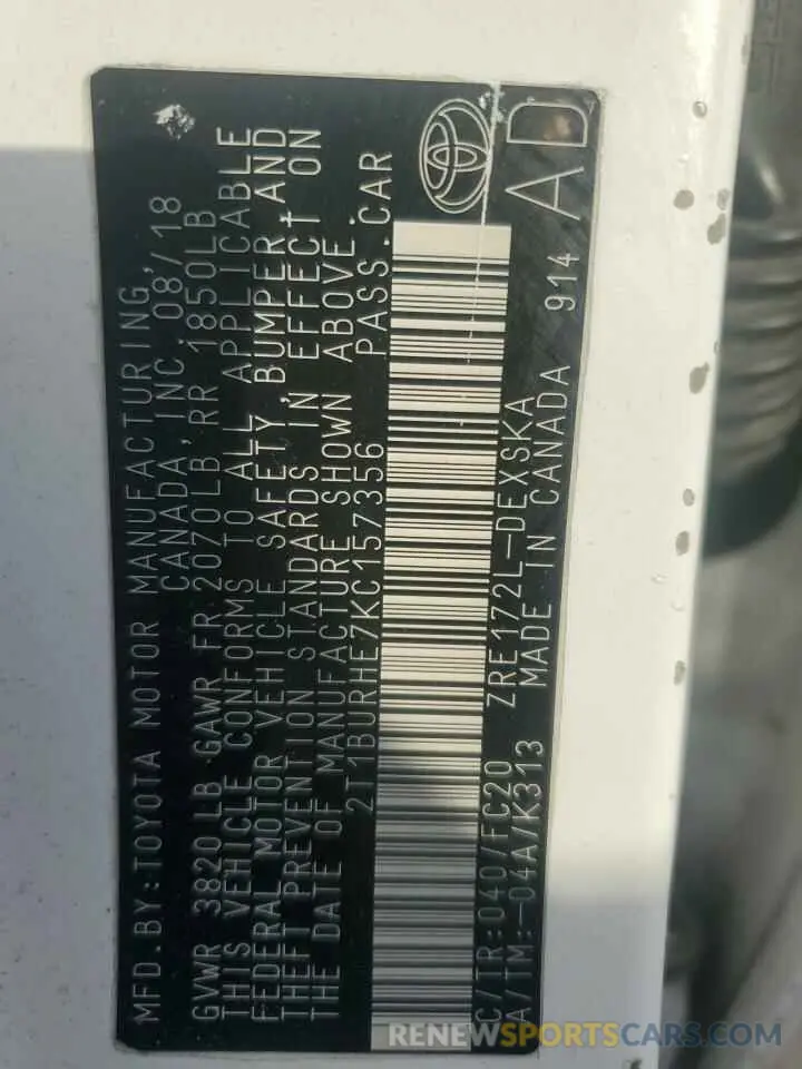 12 Photograph of a damaged car 2T1BURHE7KC157356 TOYOTA COROLLA 2019