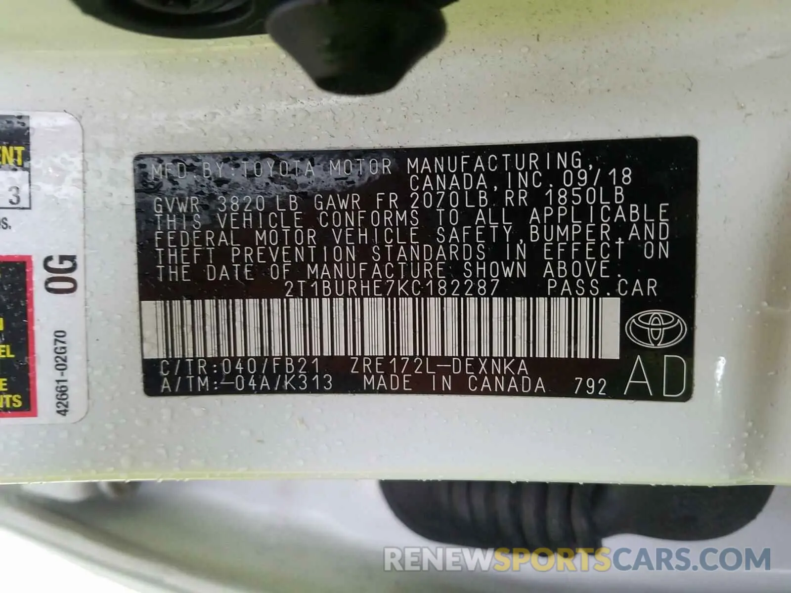 10 Photograph of a damaged car 2T1BURHE7KC182287 TOYOTA COROLLA 2019