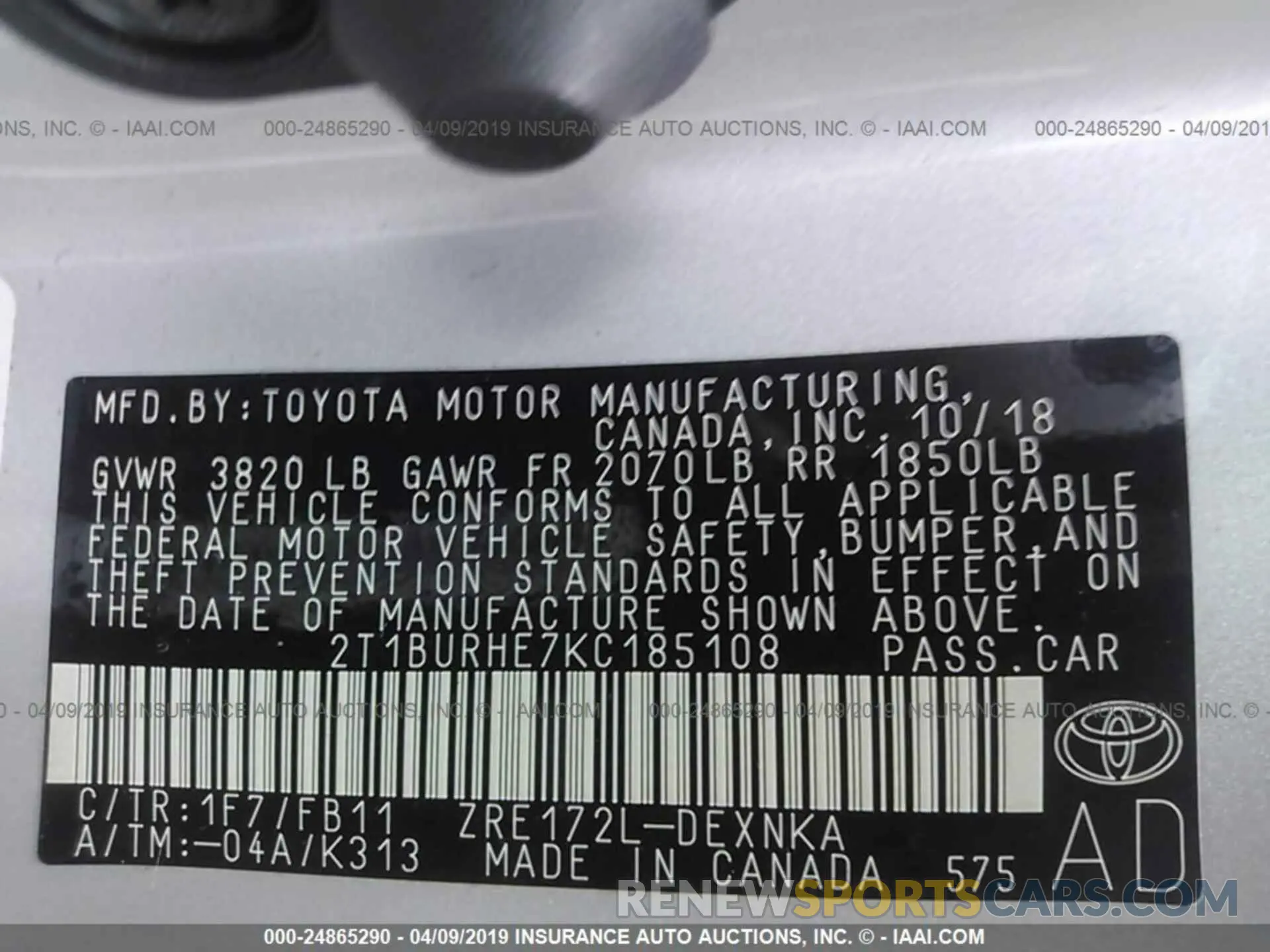 9 Photograph of a damaged car 2T1BURHE7KC185108 TOYOTA COROLLA 2019