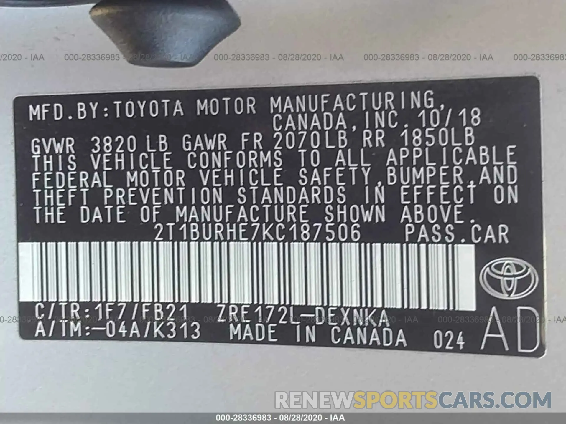 9 Фотография поврежденного автомобиля 2T1BURHE7KC187506 TOYOTA COROLLA 2019
