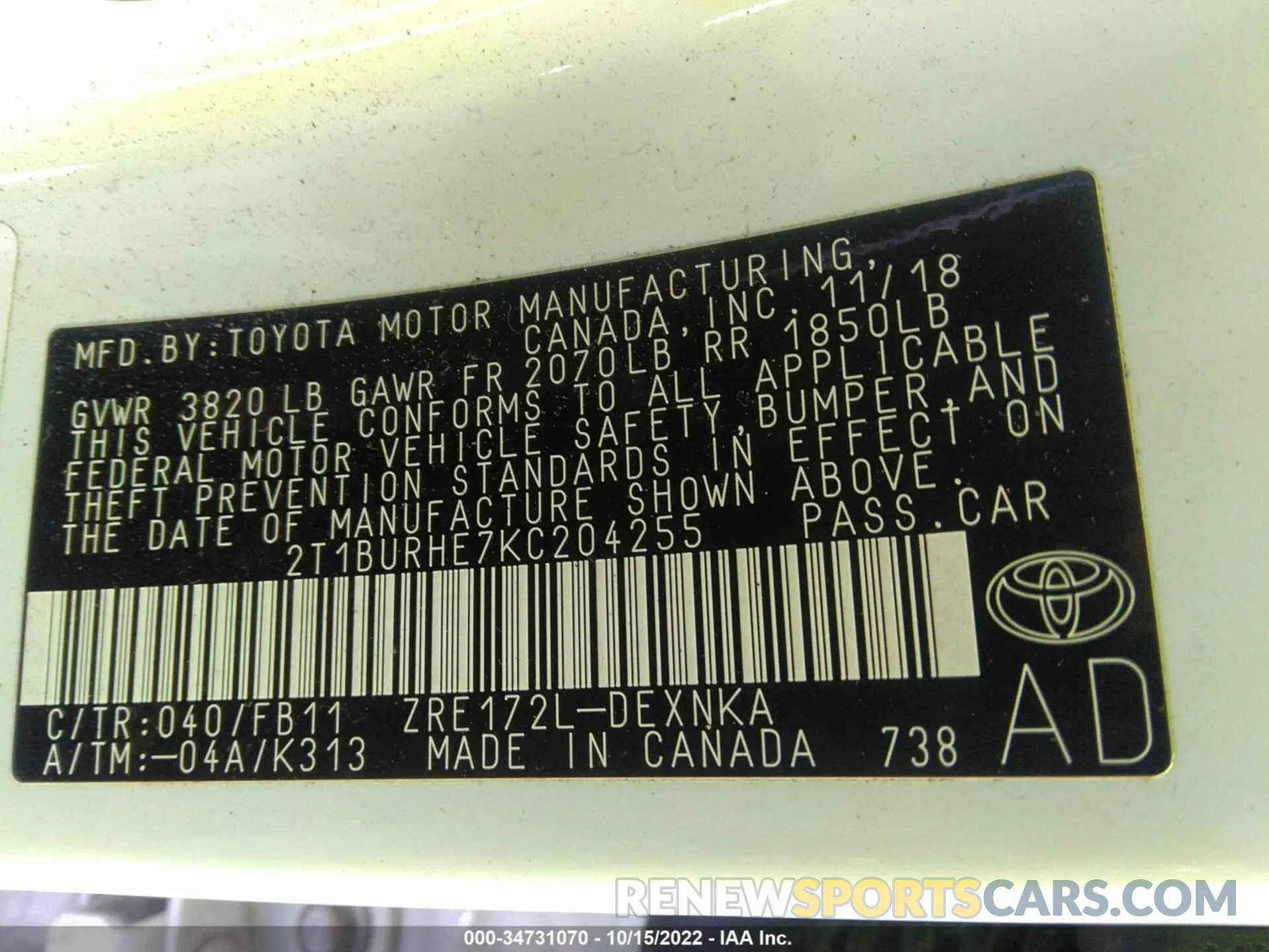 9 Photograph of a damaged car 2T1BURHE7KC204255 TOYOTA COROLLA 2019