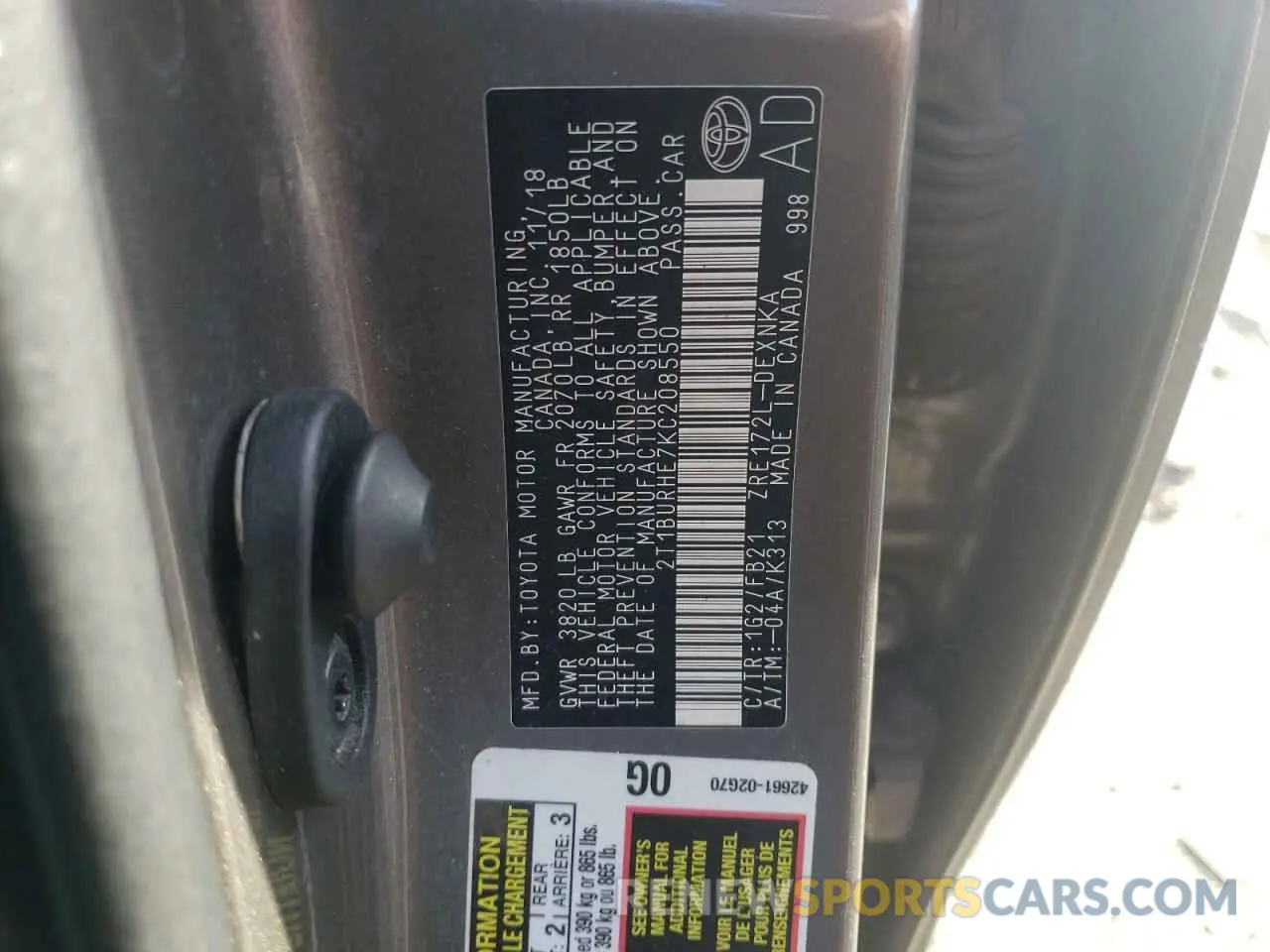 12 Фотография поврежденного автомобиля 2T1BURHE7KC208550 TOYOTA COROLLA 2019