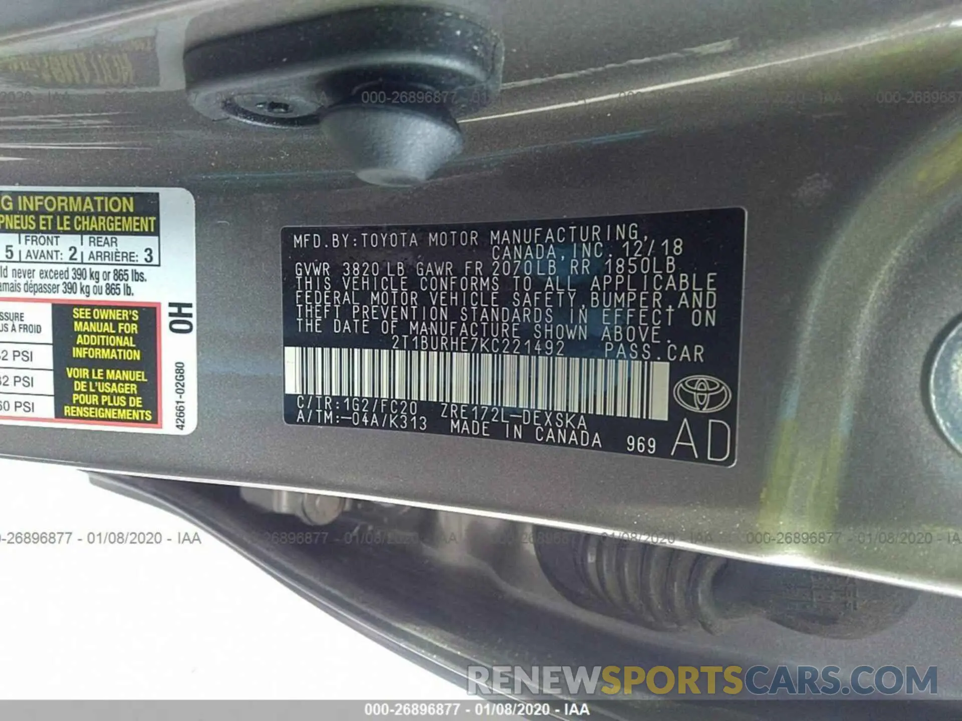 9 Photograph of a damaged car 2T1BURHE7KC221492 TOYOTA COROLLA 2019