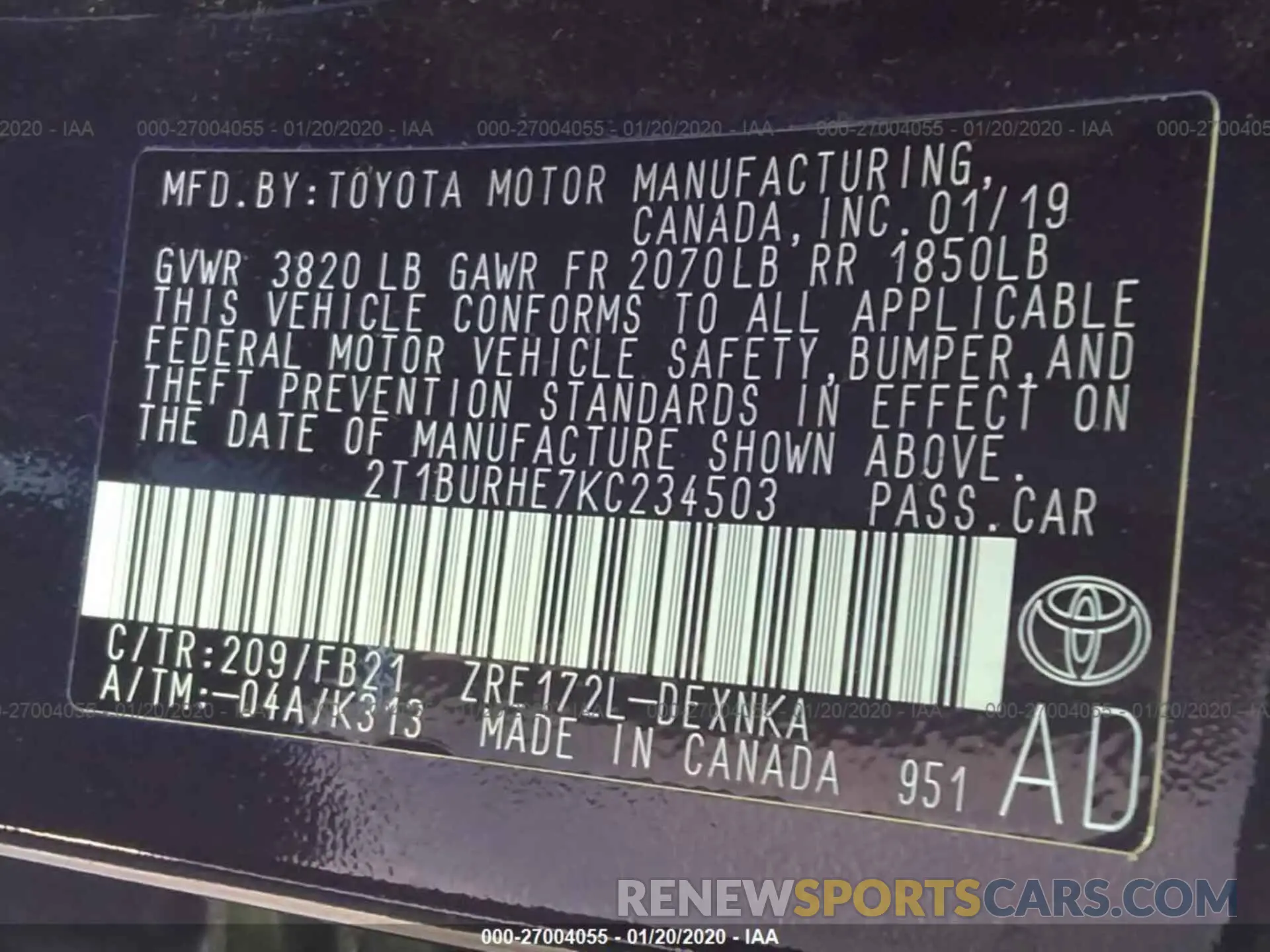 9 Photograph of a damaged car 2T1BURHE7KC234503 TOYOTA COROLLA 2019