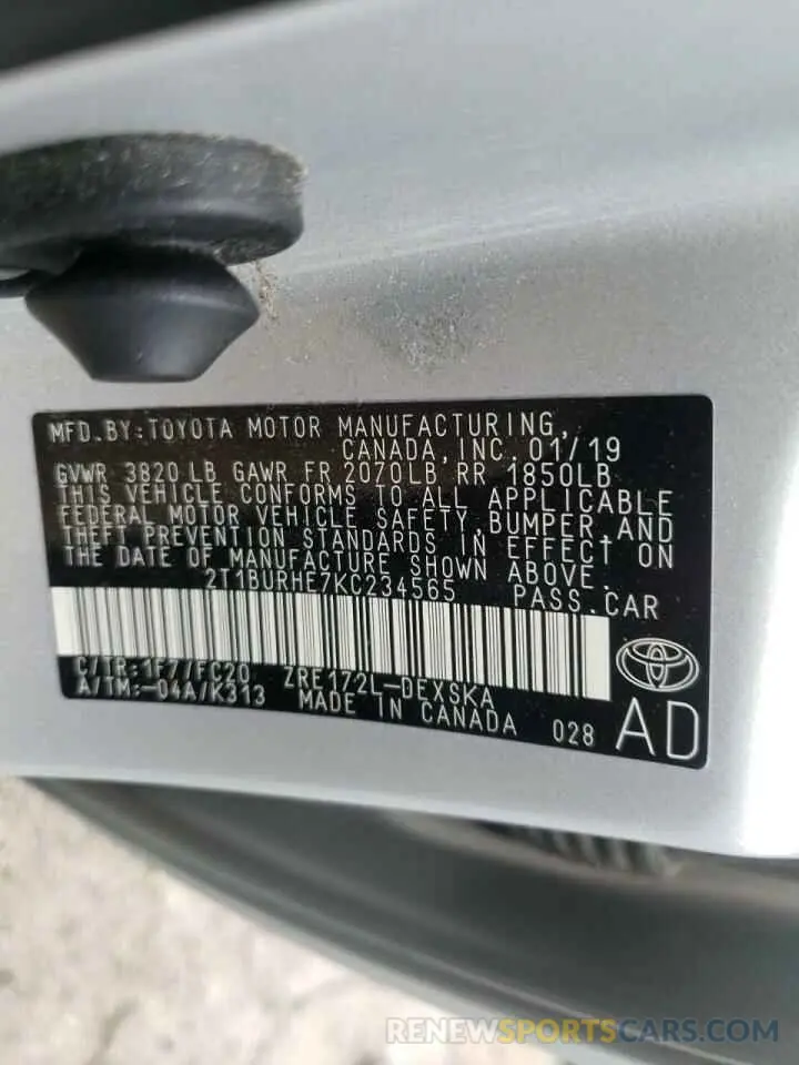 10 Фотография поврежденного автомобиля 2T1BURHE7KC234565 TOYOTA COROLLA 2019