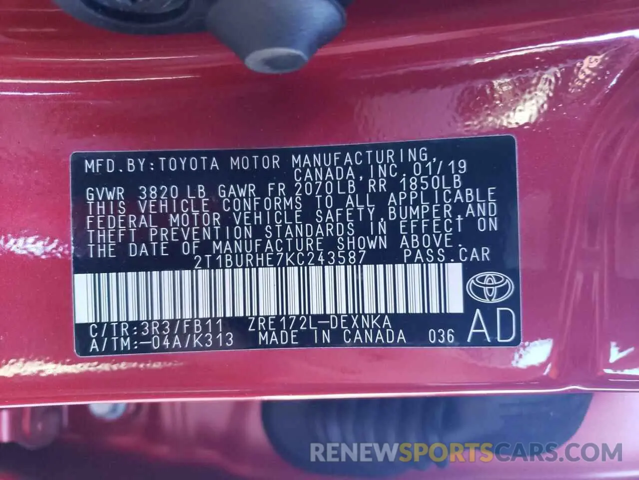 10 Photograph of a damaged car 2T1BURHE7KC243587 TOYOTA COROLLA 2019