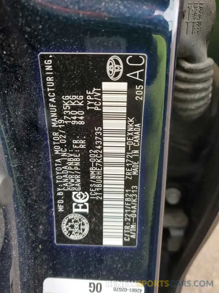 12 Фотография поврежденного автомобиля 2T1BURHE7KC243735 TOYOTA COROLLA 2019