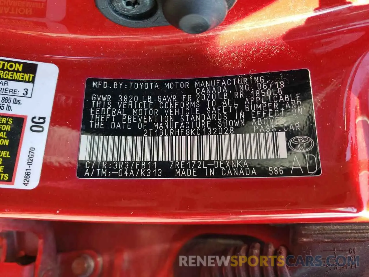 12 Photograph of a damaged car 2T1BURHE8KC132028 TOYOTA COROLLA 2019