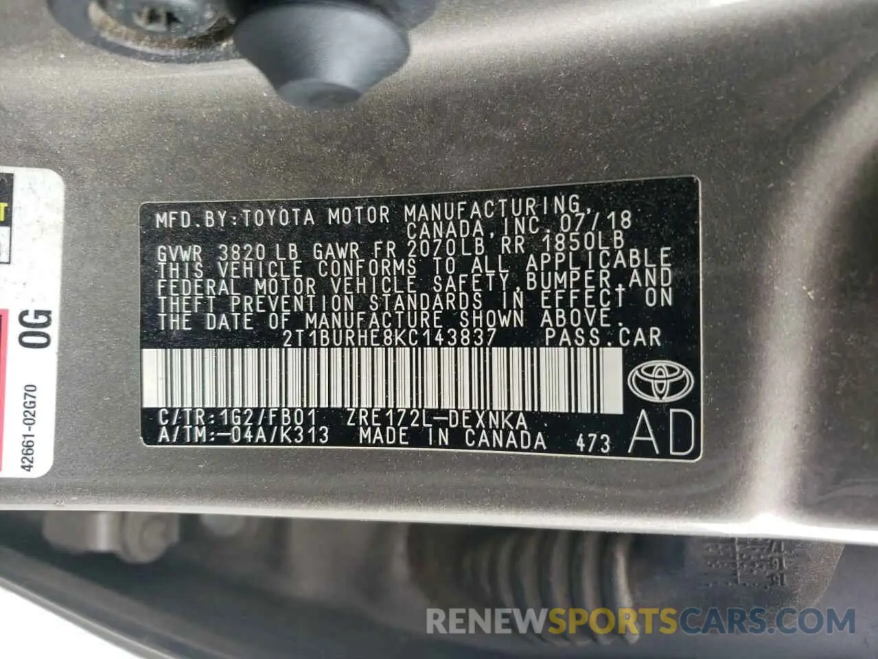 12 Photograph of a damaged car 2T1BURHE8KC143837 TOYOTA COROLLA 2019