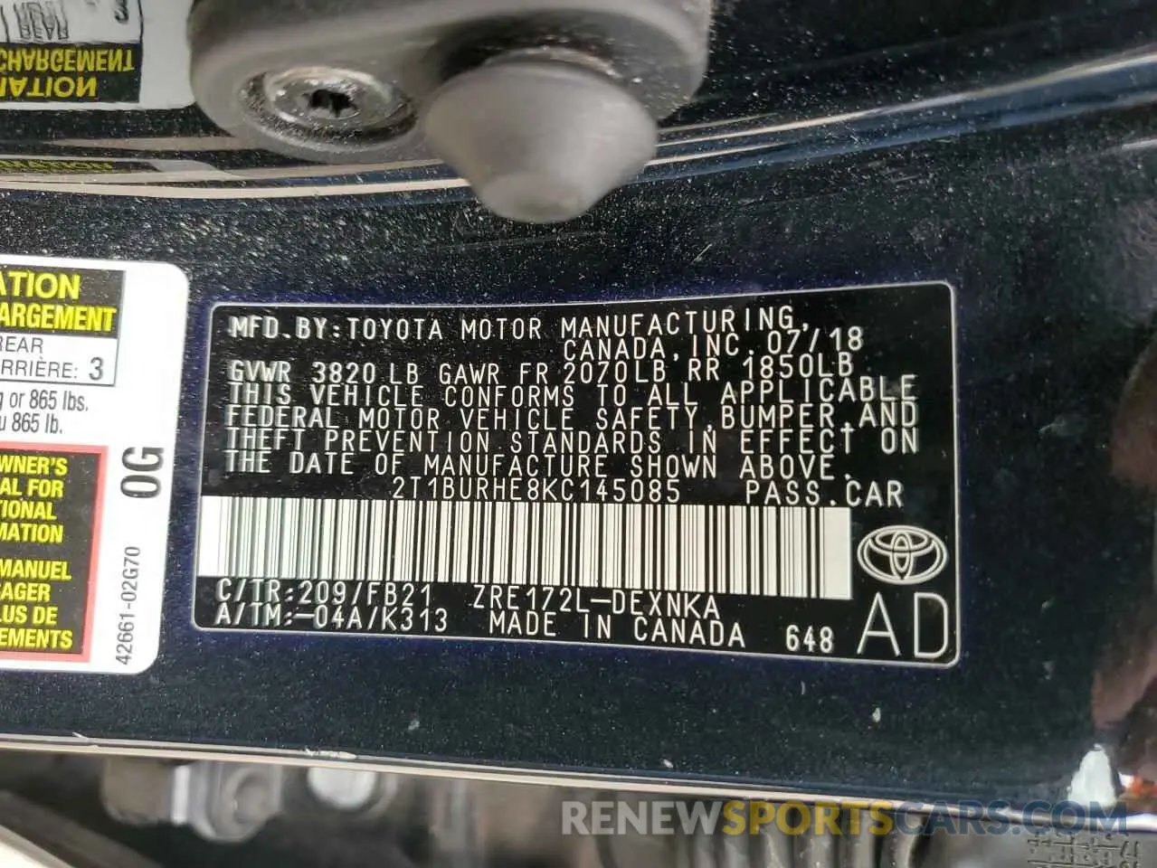 12 Photograph of a damaged car 2T1BURHE8KC145085 TOYOTA COROLLA 2019