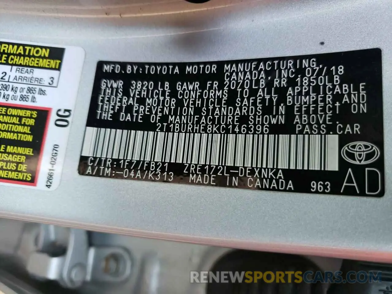 10 Photograph of a damaged car 2T1BURHE8KC146396 TOYOTA COROLLA 2019