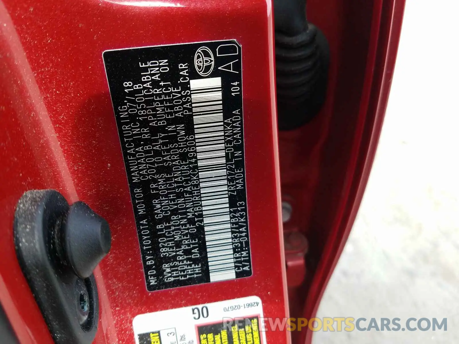 10 Photograph of a damaged car 2T1BURHE8KC149606 TOYOTA COROLLA 2019