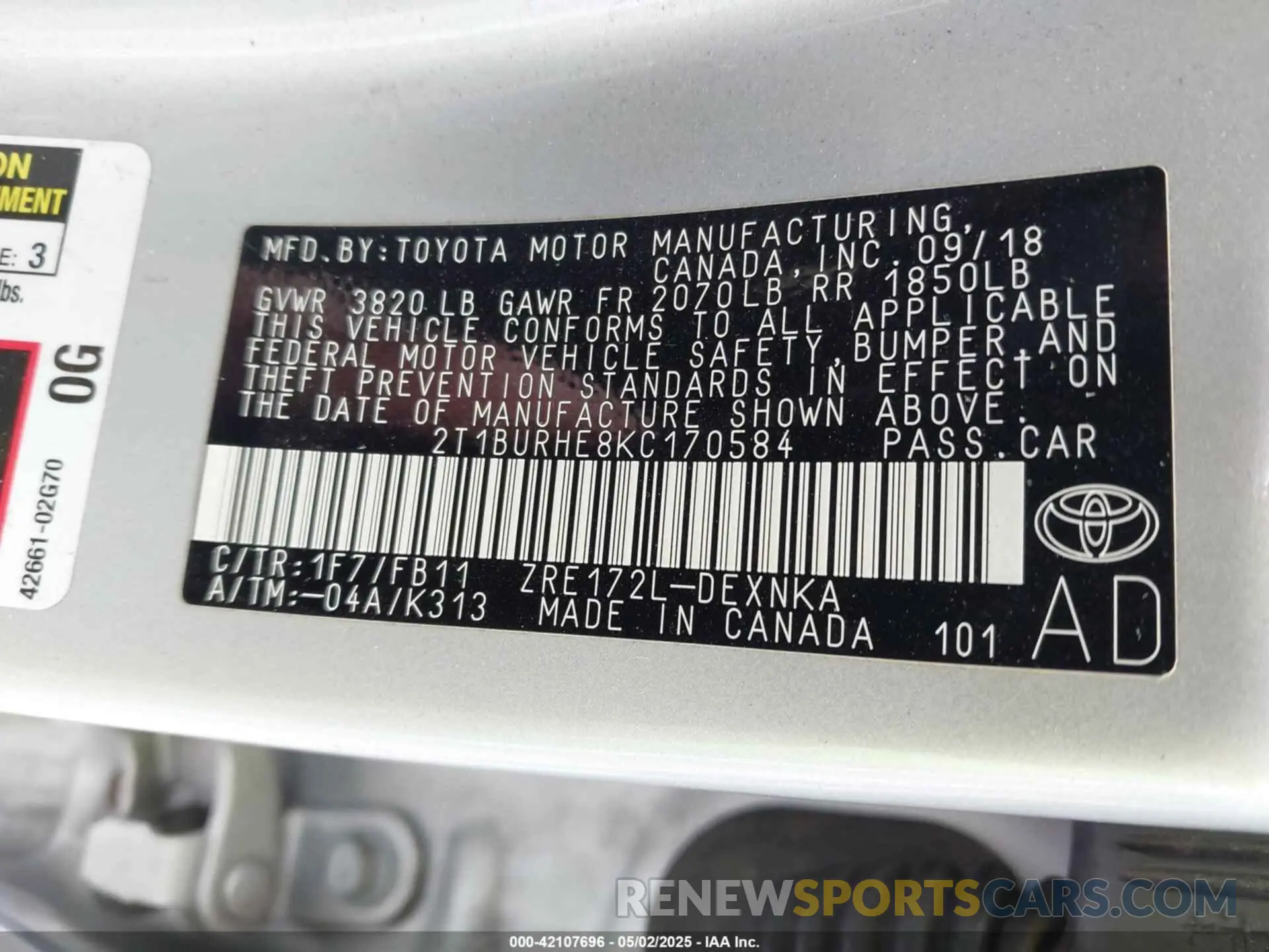 9 Фотография поврежденного автомобиля 2T1BURHE8KC170584 TOYOTA COROLLA 2019