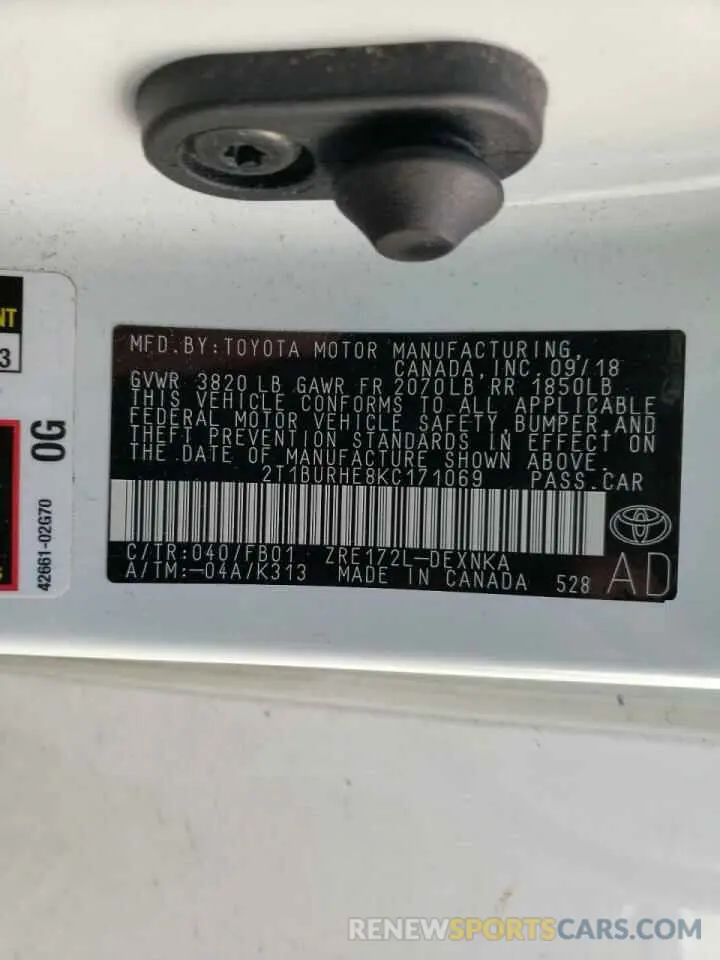 10 Photograph of a damaged car 2T1BURHE8KC171069 TOYOTA COROLLA 2019