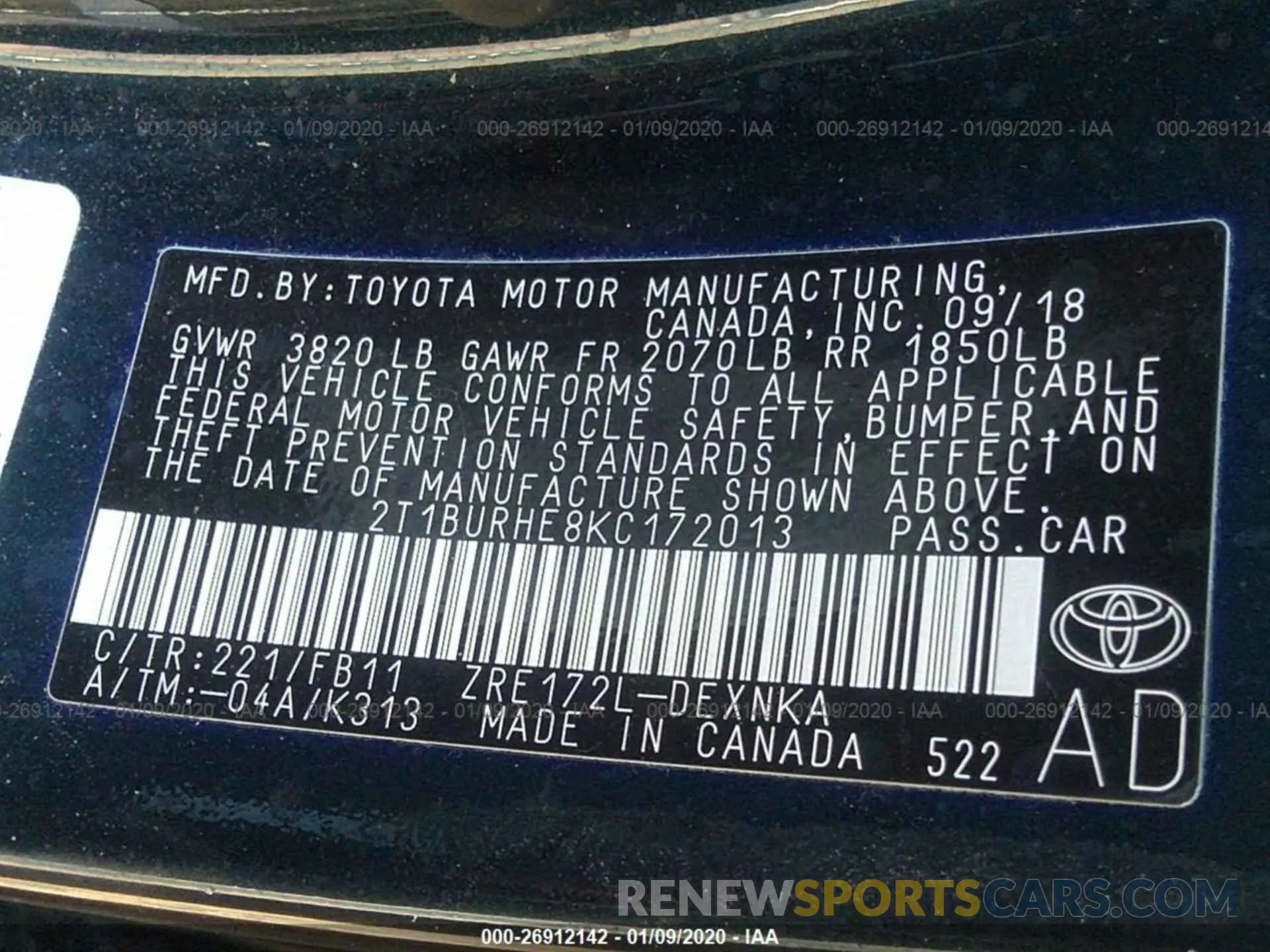 9 Photograph of a damaged car 2T1BURHE8KC172013 TOYOTA COROLLA 2019
