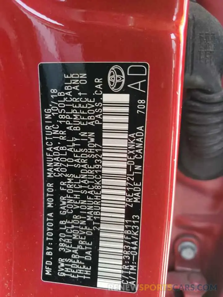 13 Photograph of a damaged car 2T1BURHE8KC193217 TOYOTA COROLLA 2019