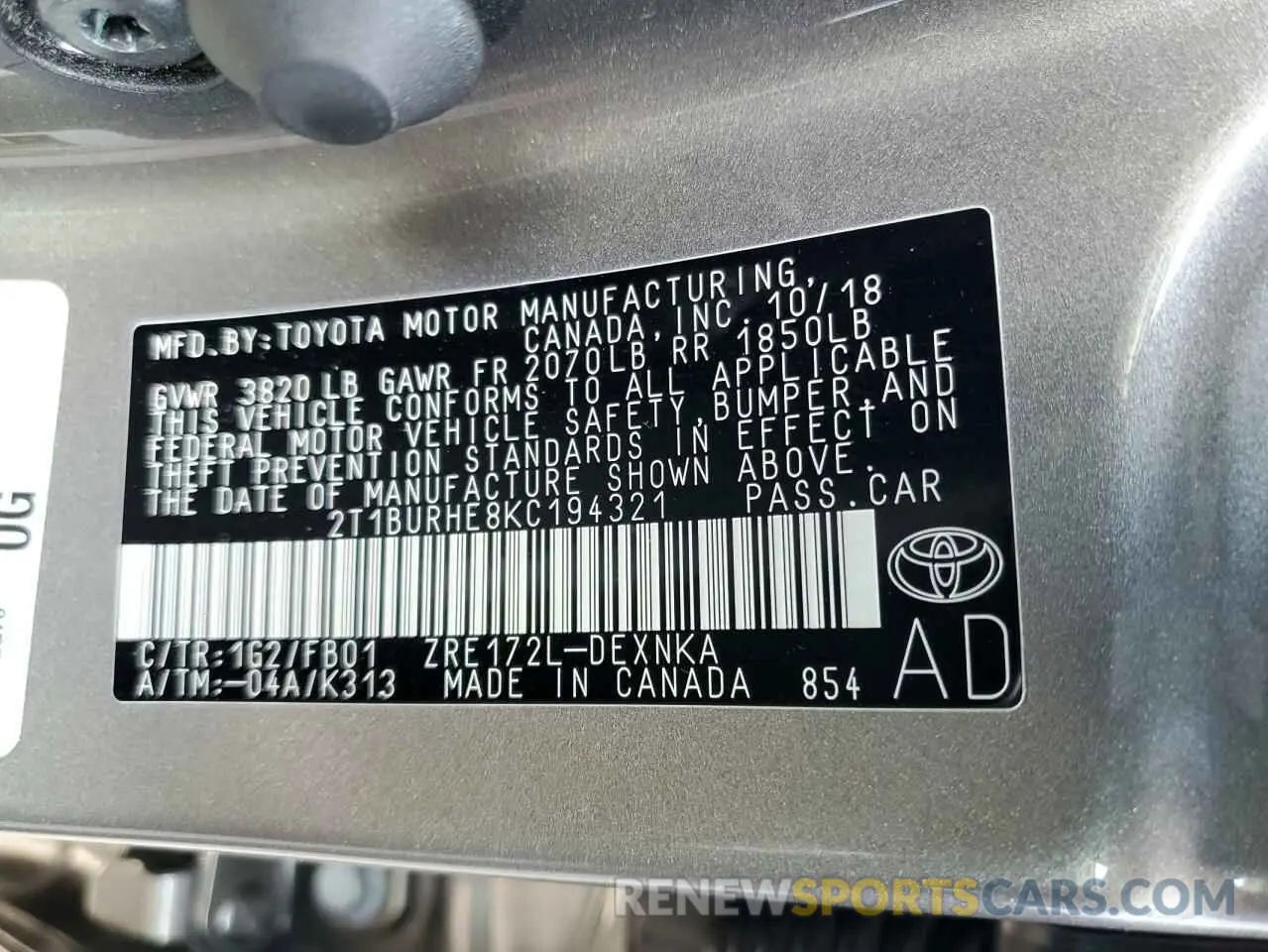 13 Фотография поврежденного автомобиля 2T1BURHE8KC194321 TOYOTA COROLLA 2019