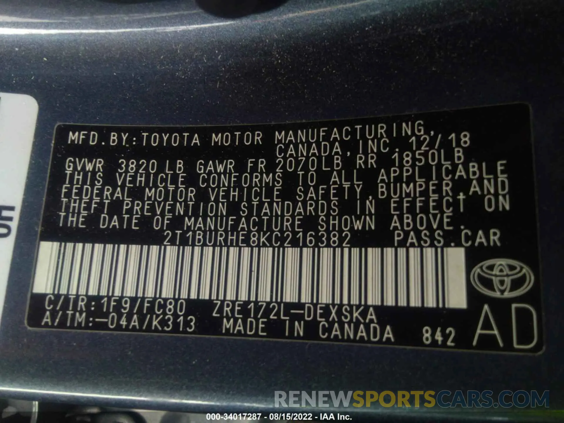 9 Фотография поврежденного автомобиля 2T1BURHE8KC216382 TOYOTA COROLLA 2019