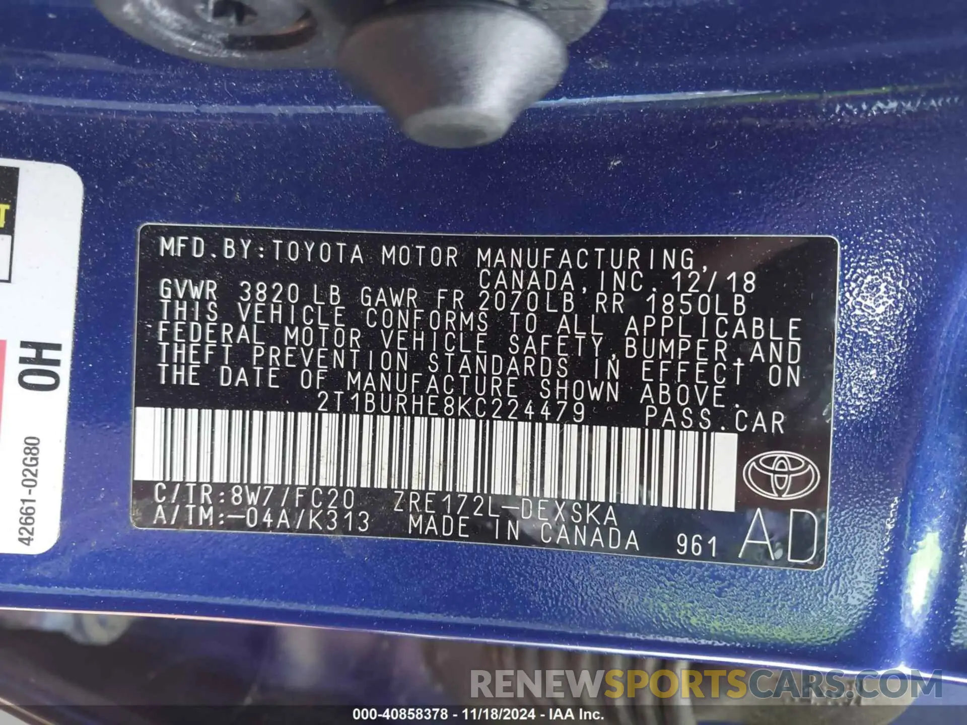 9 Фотография поврежденного автомобиля 2T1BURHE8KC224479 TOYOTA COROLLA 2019