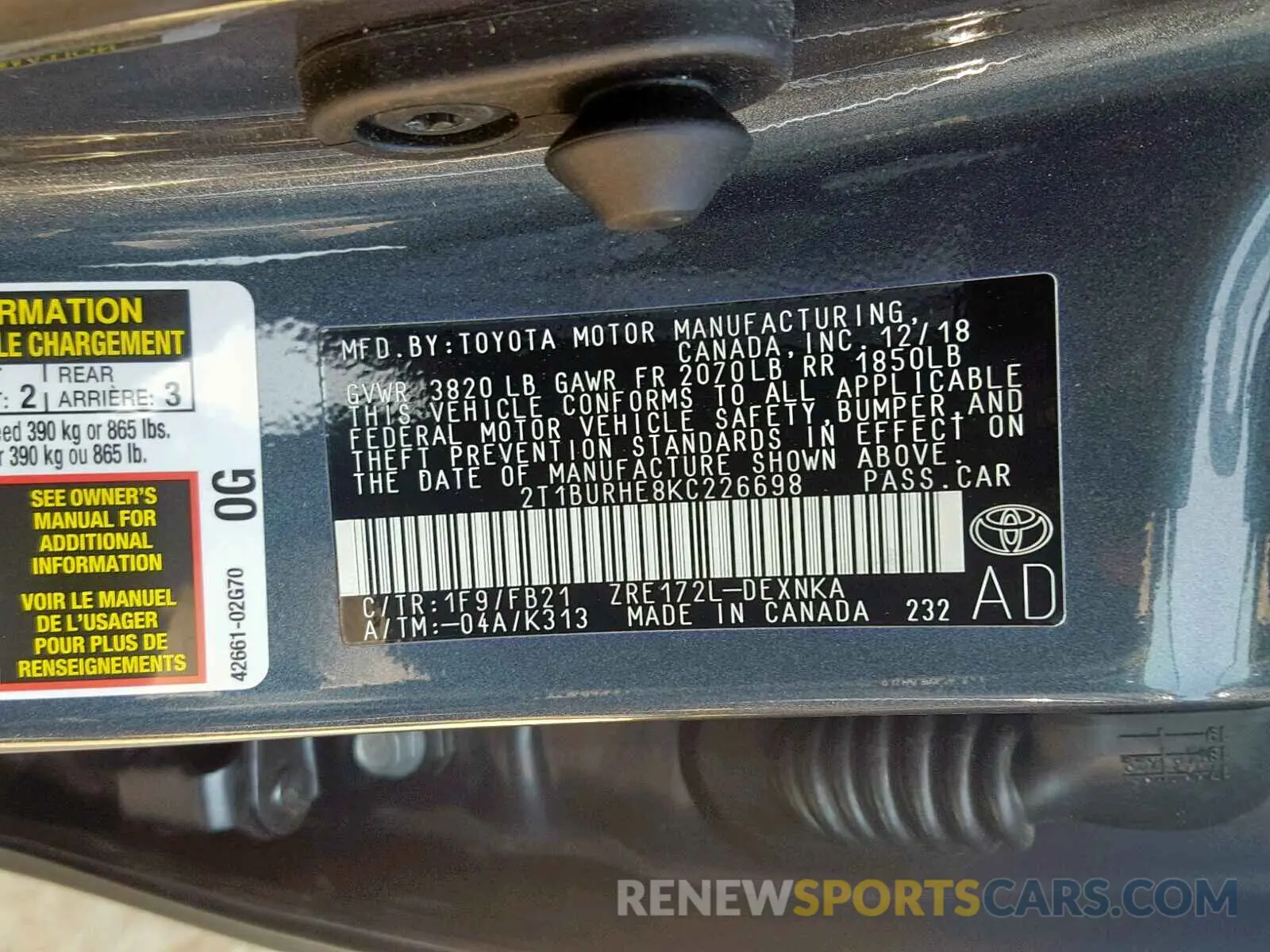 10 Photograph of a damaged car 2T1BURHE8KC226698 TOYOTA COROLLA 2019
